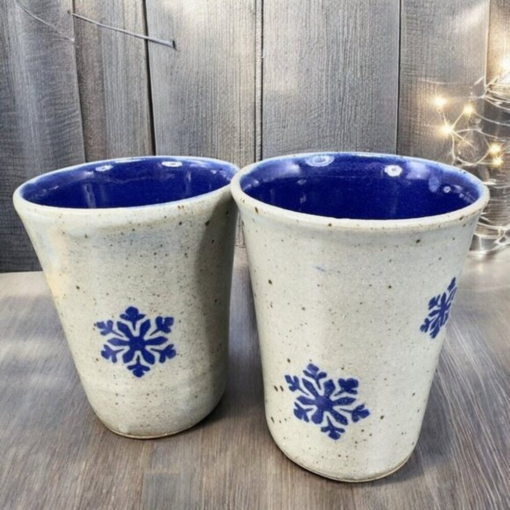 Hand Made Salt Glaze Pottery Stoneware Glasses Cups Set 2 Blue Snowflakes Kim‎ H